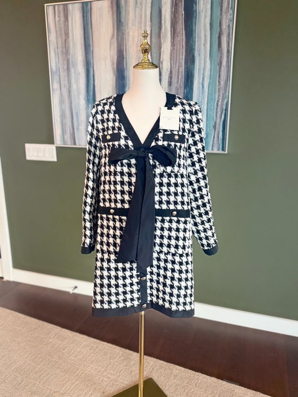 Pomander Place Houndstooth Tweed Jacket Gold Buttons Black White NWT